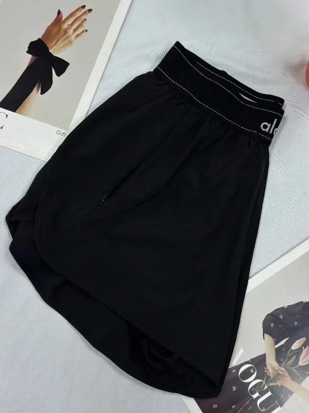 ALO Yoga Black Mini Skirt-Style Athletic Shorts with Logo Waistband